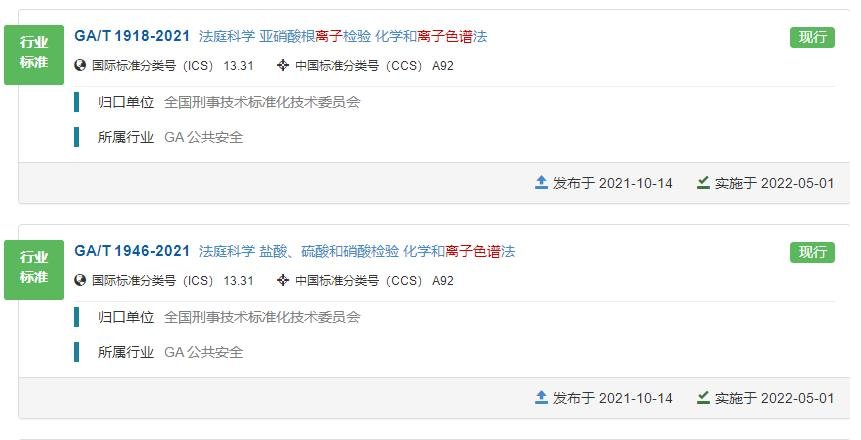 兩項(xiàng)公共安全標(biāo)準(zhǔn)將于2022-05-01實(shí)施 涉及酸根檢測的離子色譜法